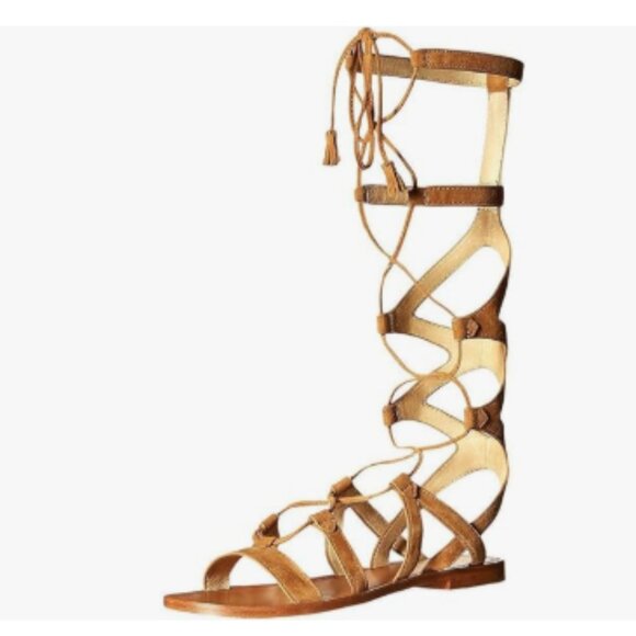 YDN Tan Sexy Knee High Lace up Flats Fringe Low Heel Gladiator Strap Sandals - Picture 1 of 8
